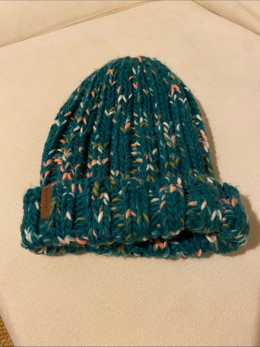 Burton Teal Knit Pom-Free Beanie with Pink, White and Olive Flecks